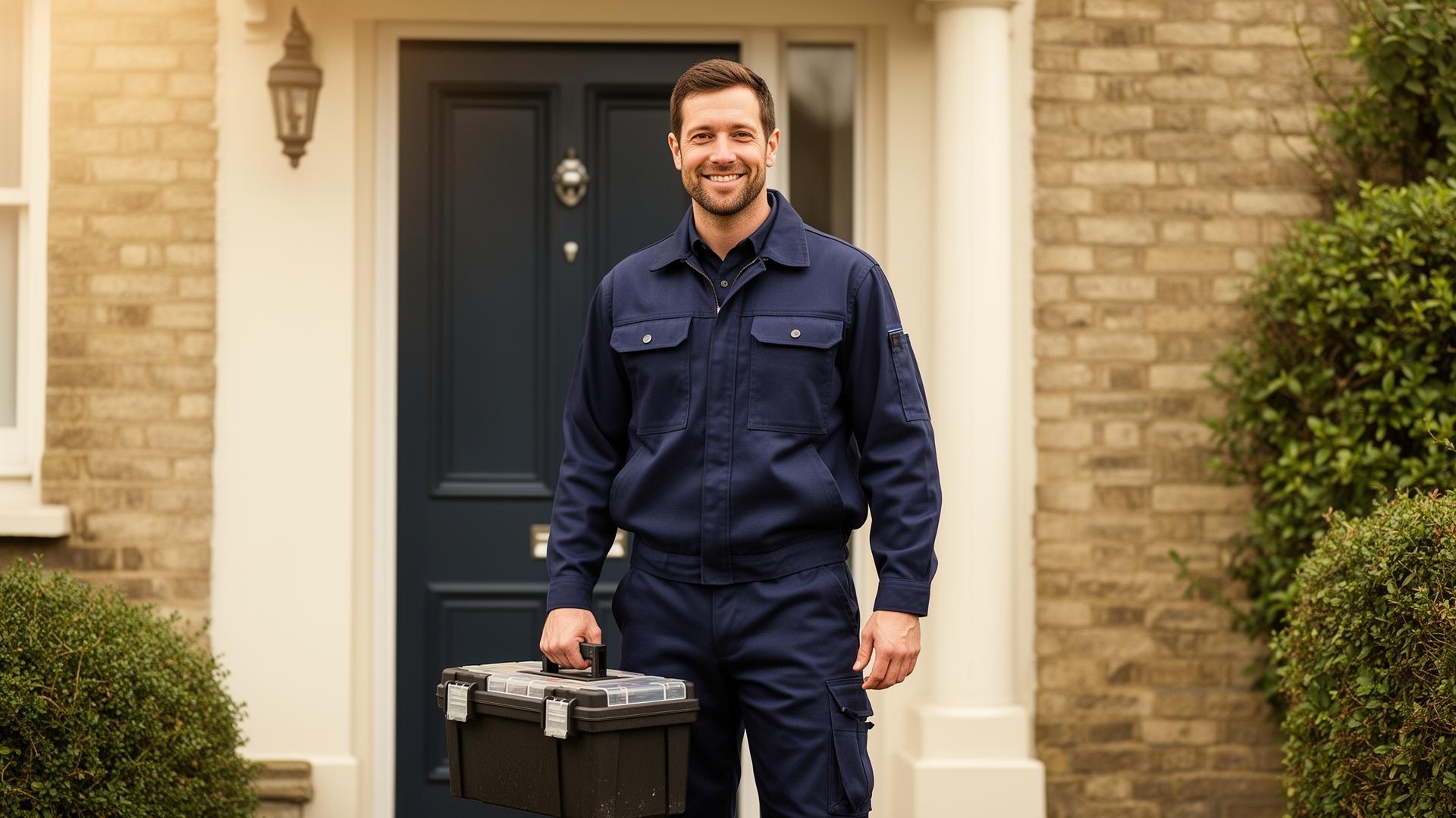 Verified UK tradesperson with toolbox at a customer's door