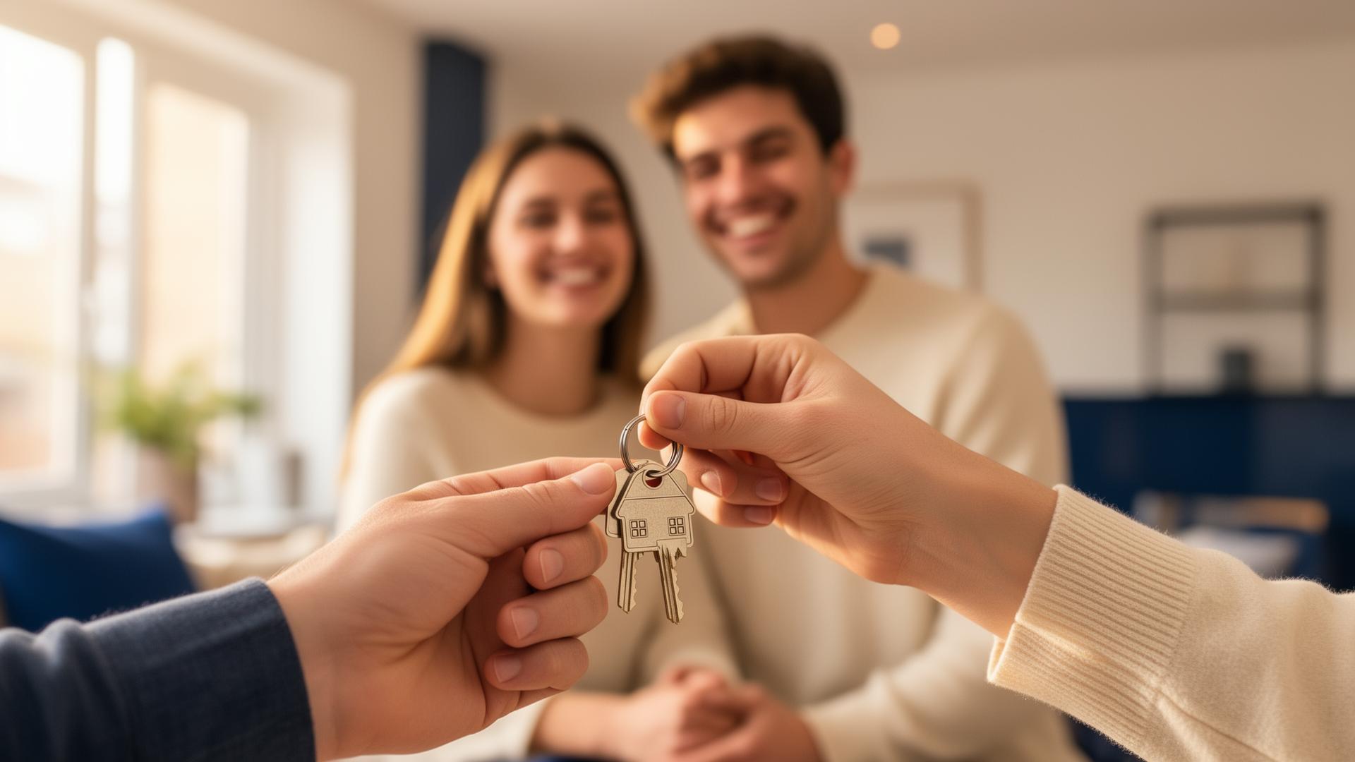 Happy couple receiving keys to a new UK rental home